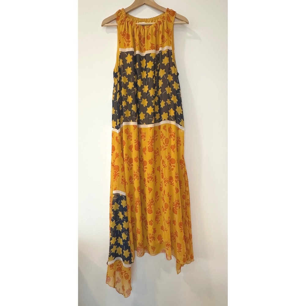 Gibson Latimer Floral Handkerchief Hem Maxi Dress Yellow Navy Orange Large